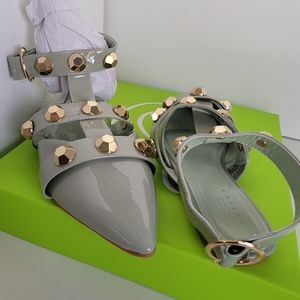 ASOS DESIGN wide fit Lorina Studded Ballet Flats in sage green patent. Size 8